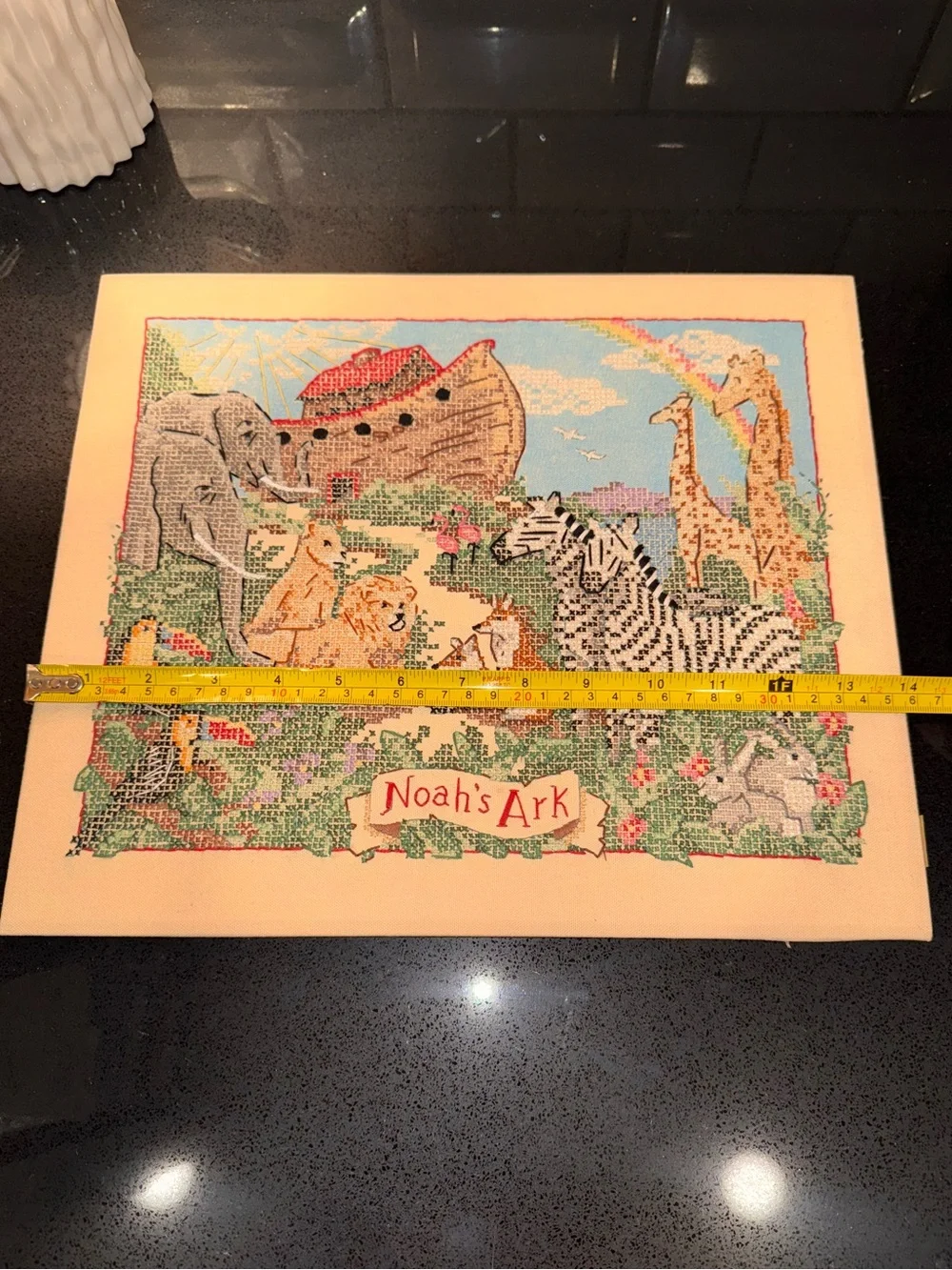 Noah's Ark Cross Stitch Wall Art - Cream Background with Multicolor Animals